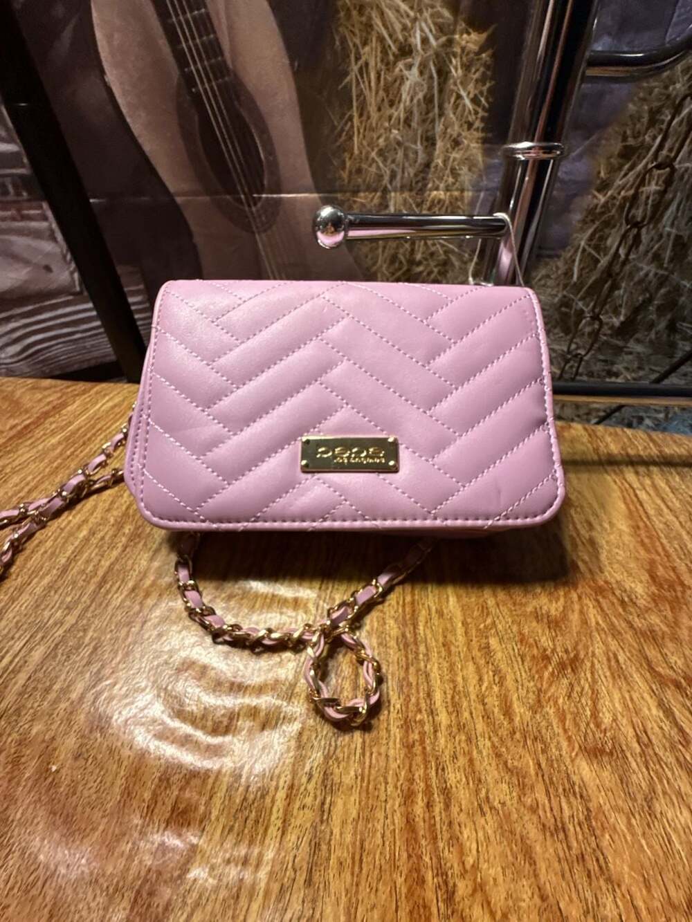 Bebe Quilted Pink Crossbody Purse with Gold Chain Strap
